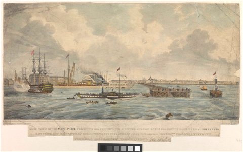 This view of the New Pier, projecting 1500 feet into the Medway, and part of His Majesty's Dockyard at Sheerness - also depicting the Duke of Sussex paddle steamer RMG PY0169