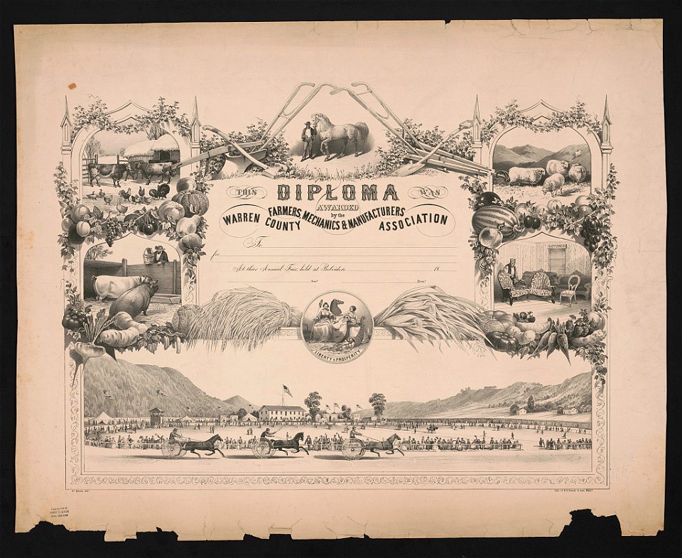 This diploma was awarded by the Warren County farmers, mechanics & manufacturers association to ... - Js. Queen delt. ; lith of P.S. Duval & Son Phila. LCCN2015647838