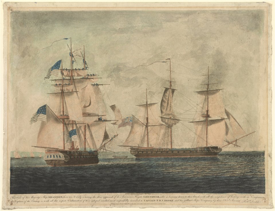 This view of his majesty's ship Shannon, hove too, & cooly waiting the close approach of the American frigate Chesapeak, ... - painted by R. Dodd from the information of Captn. Falkinir. LCCN98519184