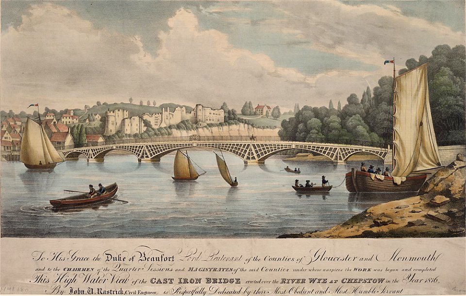 This high water view of the Cast Iron Bridge erected over the River Wye at Chepstow in the year 1816