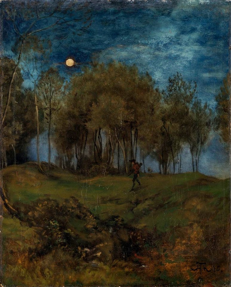 Hans Thoma - Landschaft mit Jäger bei Mondschein
