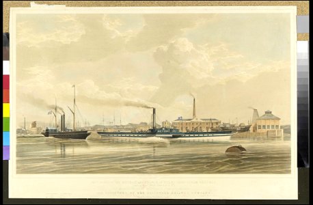 This print of the 'Meteor' and Prince of Wales iron steam vessels - leaving the Brunswick Wharf, Blackwall - dedicated to the Directors of the Blackwall Railway Company RMG PZ6615