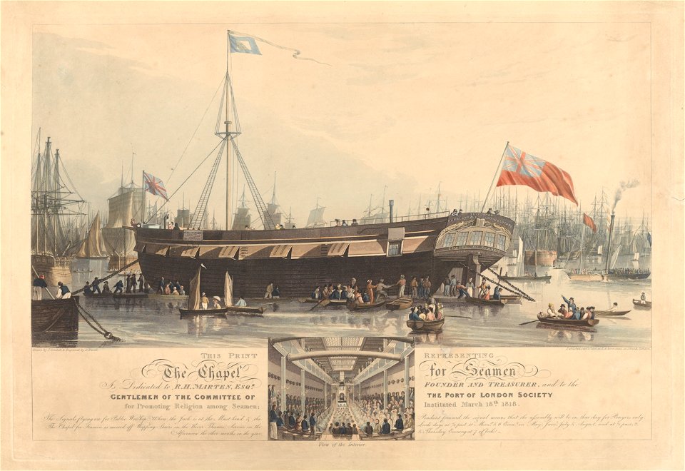 This Print Represents The Chapel for Seamen - Port of London Society - Instituted March 18th 1818 - Chapel for Seamen is moored off Wapping Stairs in the River Thames. View of the Interior (inset) RMG PY8470