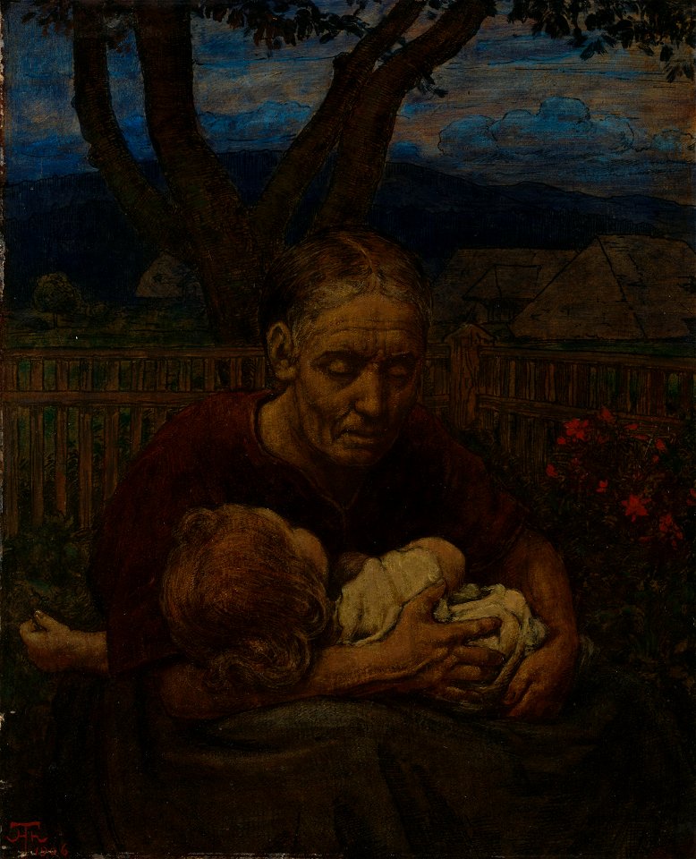 Hans Thoma - Großmutter mit Kind in einem Garten (1906)