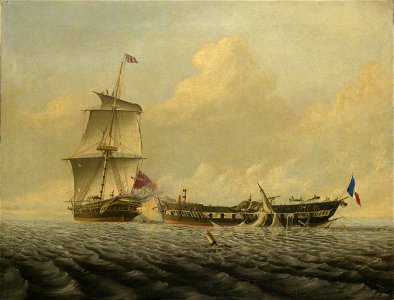 Thomas Baines (1820-1875) - Action Between HMS 'Blanche' and the 'Pique', 5 January 1795 - BHC0478 - Royal Museums Greenwich