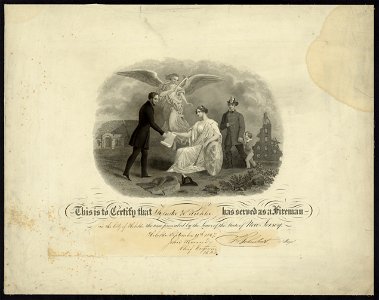 This is to certify that Sylvester R. Koehler has served as a fireman in the city of Hoboken the time prescribed by the laws of the state of New Jersey - designed & engraved by J.B. Forrest. LCCN2009633659