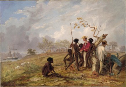 Thomas Baines, Thomas Baines with Aborigines near the mouth of the Victoria River, N.T, 1857. Free illustration for personal and commercial use.