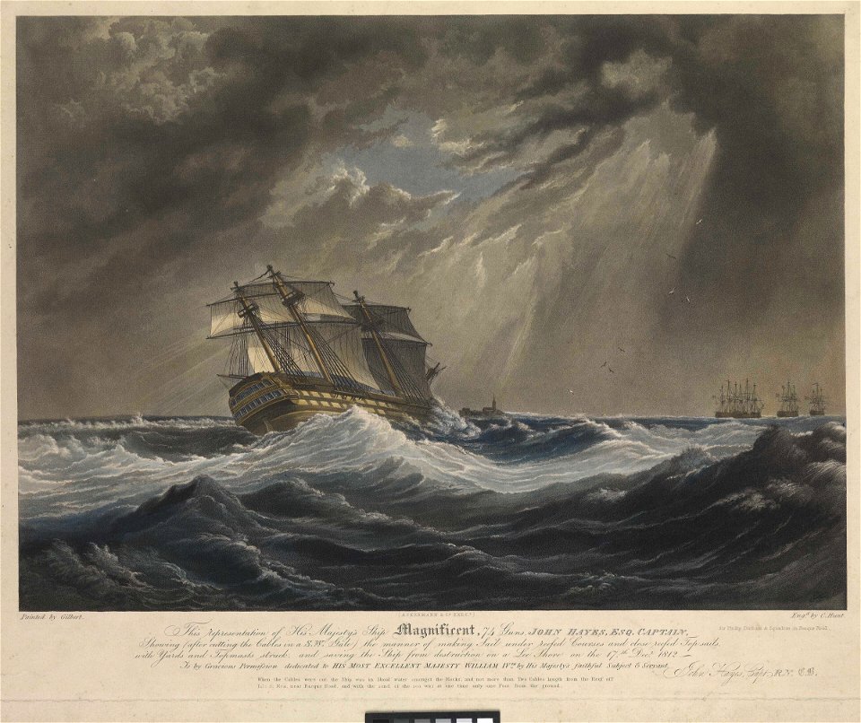 This representation of His Majesty's Ship Magnificent, 74 Guns - Showing (after cutting the Cables in a S.W. Gale) the manner of making Sail under reefed Courses - and saving the ship from destruction on a Lee RMG PY9217
