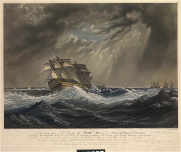 This representation of His Majesty's Ship Magnificent, 74 Guns - Showing (after cutting the Cables in a S.W. Gale) the manner of making Sail under reefed Courses - and saving the ship from destruction on a Lee RMG PY9217