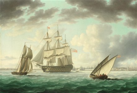Thomas Buttersworth - HMS Queen Charlotte anchored in Cadiz Bay