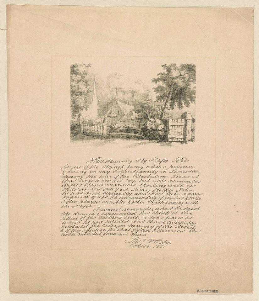 This drawing is by Major John Andre of the British Army, when a prisoner, & living in my Fathers family in Lancaster, during the War of the Revolution LCCN2012645519