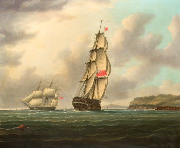 Thomas Buttersworth - A large ship-of-the-line heading into Plymouth Sound as an outward bound frigate is passing the breakwater