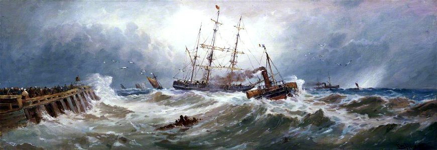 Thomas Bush Hardy (1842-1897) - A French Paddle Tug Bringing a Barque into Boulogne Harbour in Heavy Weather - BHC2367 - Royal Museums Greenwich