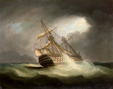 Thomas Buttersworth - H.M.S. 'Victory' in full sail and in a squall (2). Free illustration for personal and commercial use.