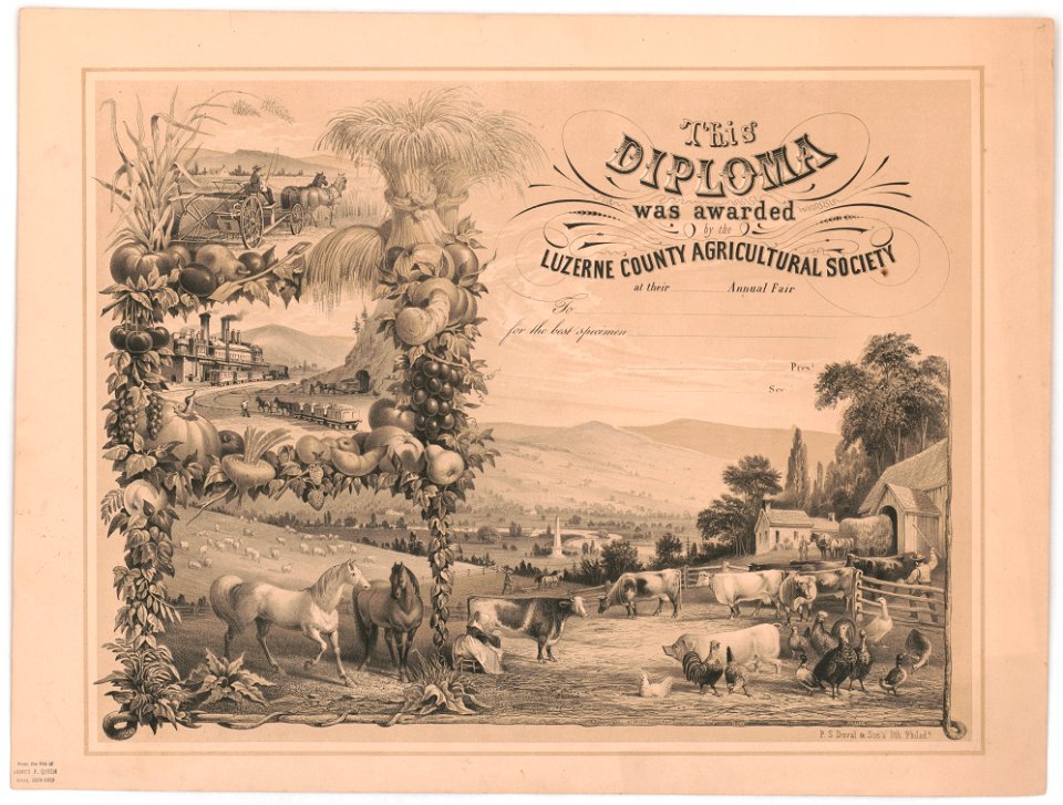 This diploma was awarded by the Luzerne County Agricultural Society at their (blank) annual fair - P.S. Duval & Son's lith. Philada. LCCN2014648443