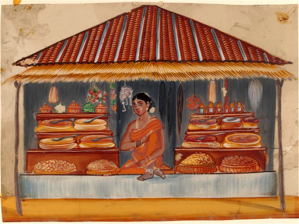 This painting depicts a food-seller.