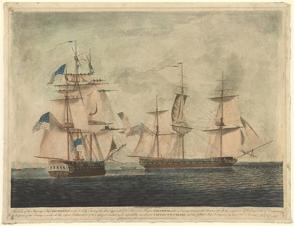 This view of his majesty's ship Shannon, hove too, & cooly waiting the close approach of the American frigate Chesapeak, ... - painted by R. Dodd from the information of Captn. Falkinir. LCCN98519184
