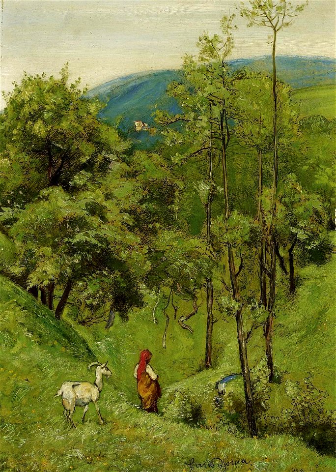 Hans Thoma - Hirtenmädchen mit einer Ziege auf der Wiese mit sanften Hügeln