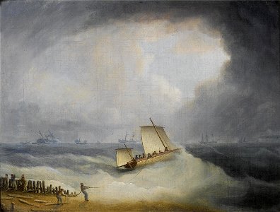 Thomas Buttersworth - A Deal Lugger going off to storm bound ships in the Downs. Free illustration for personal and commercial use.