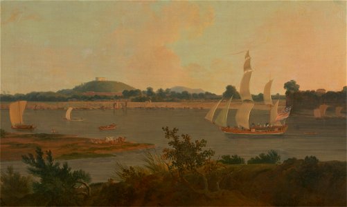 Thomas Daniell - Pinnace sailing down the Ganges past Monghyr Fort - Google Art Project