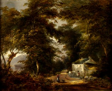 Thomas Creswick (attrib. to) - Figures before a cottage in a wooded lane lake scene beyond