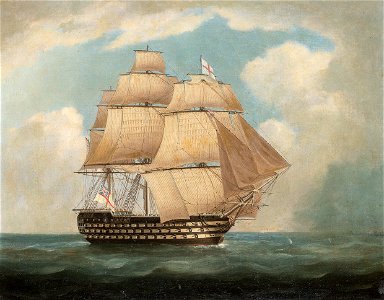 Thomas Buttersworth - H.M.S. 'Victory' in full sail and in a squall (1). Free illustration for personal and commercial use.