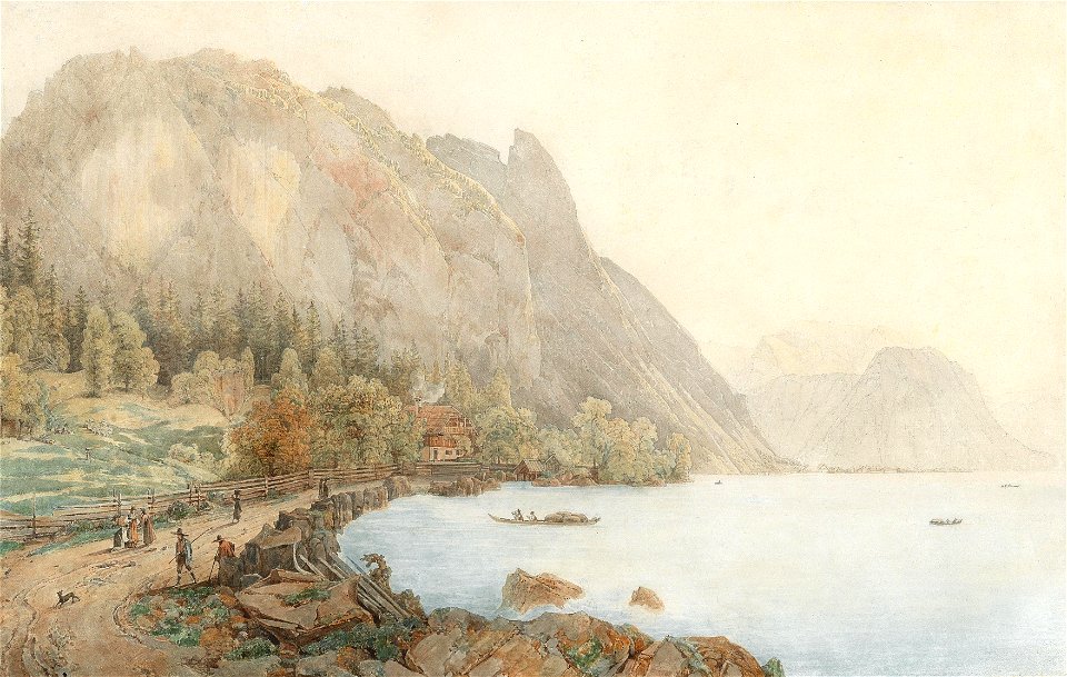 Thomas Ender - Motiv vom Attersee mit dem Höllengebirge und figürlicher Staffage