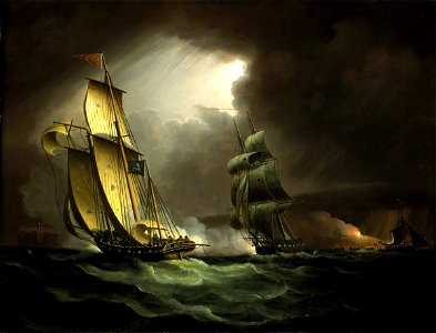 Thomas Buttersworth (1768-1842) - A Smuggling Lugger Chased by a Naval Brig - BHC1113 - Royal Museums Greenwich