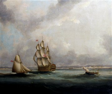Thomas Buttersworth - A ship-of-the-line off Cadiz. Free illustration for personal and commercial use.