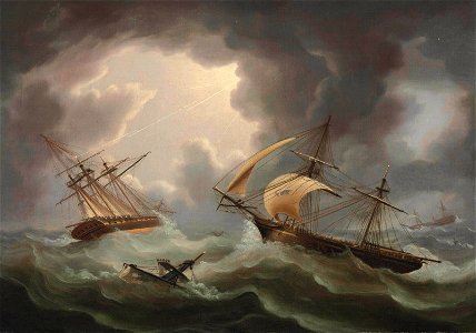Thomas Buttersworth - Loss of H.M. Ship's Blenheim and Java in a Hurricane off Rodriguez; the Brig Harrier Escaping, February 1807 NYR 2012. Free illustration for personal and commercial use.