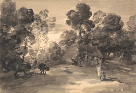 Thomas Gainsborough - Wooded Landscape with Figures, Cottage and Cow - Google Art Project. Free illustration for personal and commercial use.