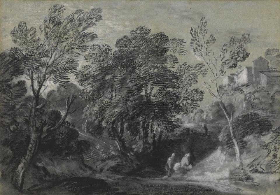 Thomas Gainsborough - Wooded Landscape with Figures and Houses on the Hill - Google Art Project