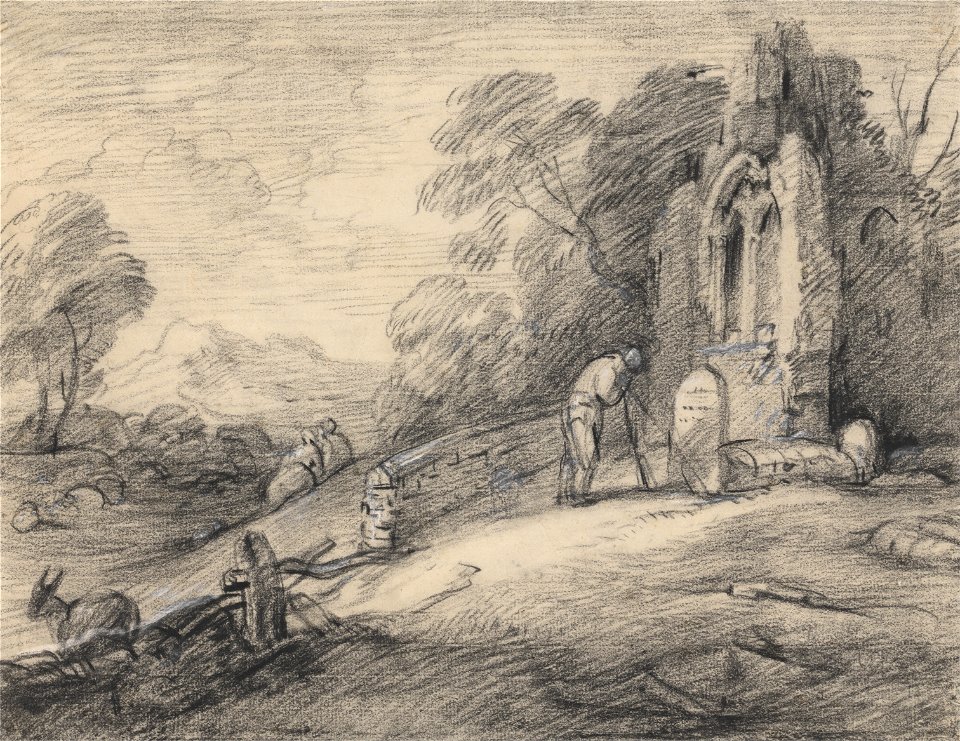 Thomas Gainsborough - Wooded Landscape with Peasant Reading an Inscription on a Tombstone beside a Ruined Church, Figures,... - Google Art Project