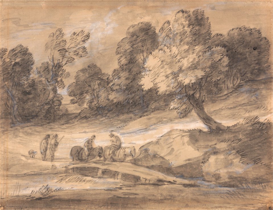 Thomas Gainsborough - Wooded Landscape with Figures on Horseback Crossing a Bridge - Google Art Project