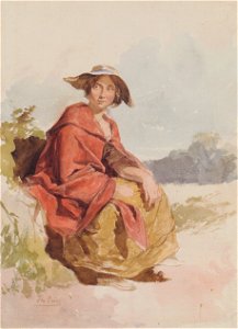 Thomas Ender - Sitzende mit rotem Umhang in Landschaft - ca1830