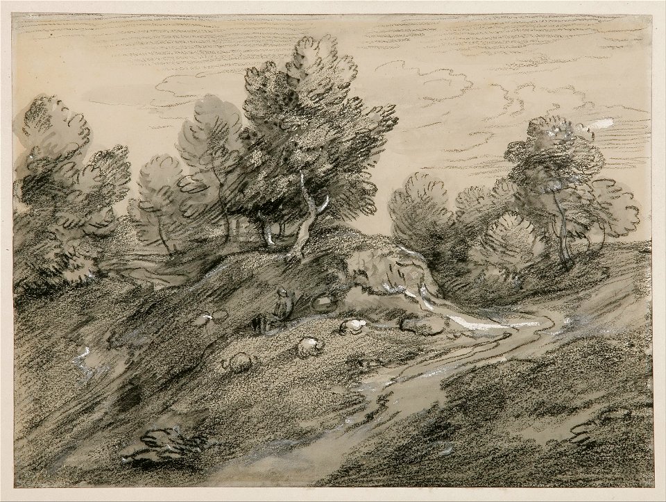 Thomas Gainsborough - Wooded upland landscape with shepherd and sheep and country track winding around a knoll - Google Art Project