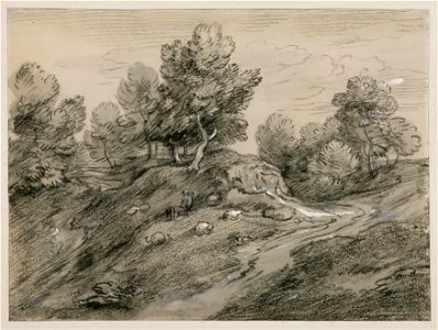 Thomas Gainsborough - Wooded upland landscape with shepherd and sheep and country track winding around a knoll - Google Art Project