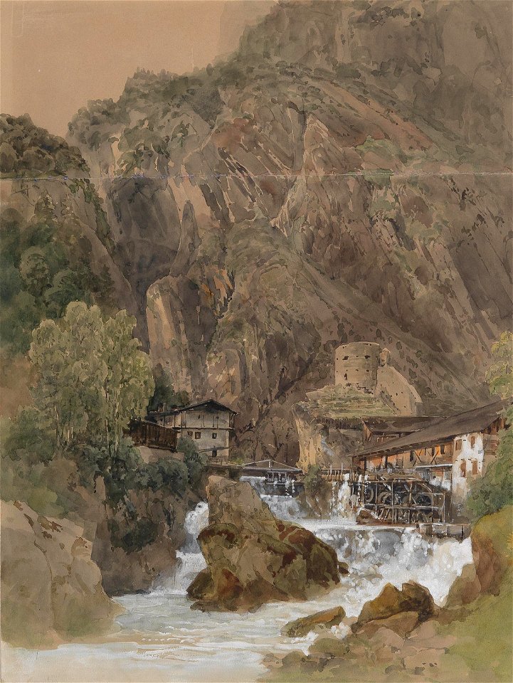 Thomas Ender Wehranlage mit Wasserrädern und Turm