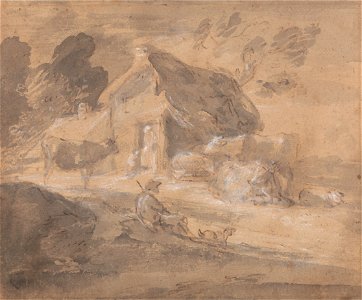 Thomas Gainsborough - Open Landscape with Figures, Cows and Cottage - Google Art Project. Free illustration for personal and commercial use.