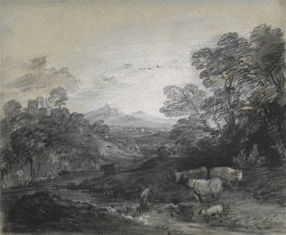Thomas Gainsborough - Wooded Landscape with Herdsmen and Cattle, Buildings on a Hill, and Rustic Lovers - Google Art Project