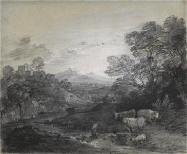 Thomas Gainsborough - Wooded Landscape with Herdsmen and Cattle, Buildings on a Hill, and Rustic Lovers - Google Art Project