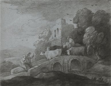 Thomas Gainsborough - Wooded Landscape with Herdsman Driving Cattle over a Bridge, Rustic Lovers and Ruined Castle - Google Art Project