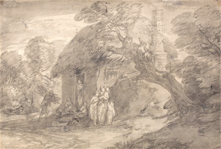 Thomas Gainsborough - Wooded Landscape with Figures outside a Cottage Door - Google Art Project. Free illustration for personal and commercial use.