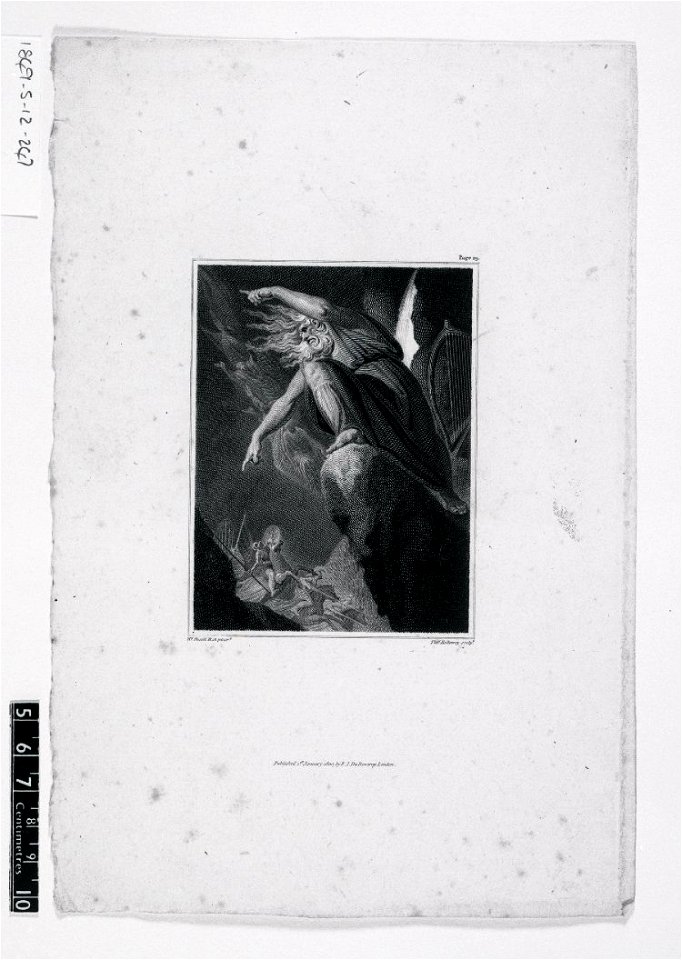 Thomas Holloway - White-bearded man on rock pointing at pursuing horsemen; an illustration to p.29 of Gray's 'The Bard'. 1800