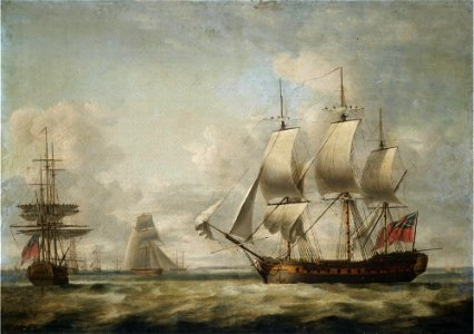 Thomas Luny - A 32-Gun Frigate taking in sail and other shipping off the coast. Free illustration for personal and commercial use.