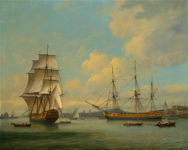 Thomas luny an east indiaman in two positions off deptford dockyard wi055156)