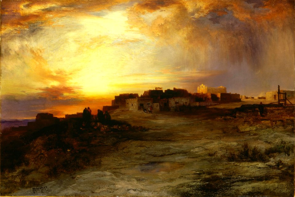 Thomas Moran - Pueblo at Sunset (1901). Free illustration for personal and commercial use.