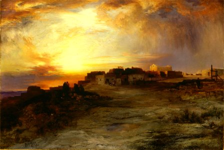 Thomas Moran - Pueblo at Sunset (1901). Free illustration for personal and commercial use.