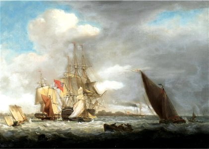 Thomas Luny - A British Men-of-War surrounded by coastal craft. Free illustration for personal and commercial use.