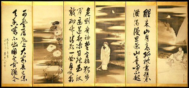 花鳥山水人物図屏風 - Calligraphy with Landscapes, Figures, Flowers, and Birds